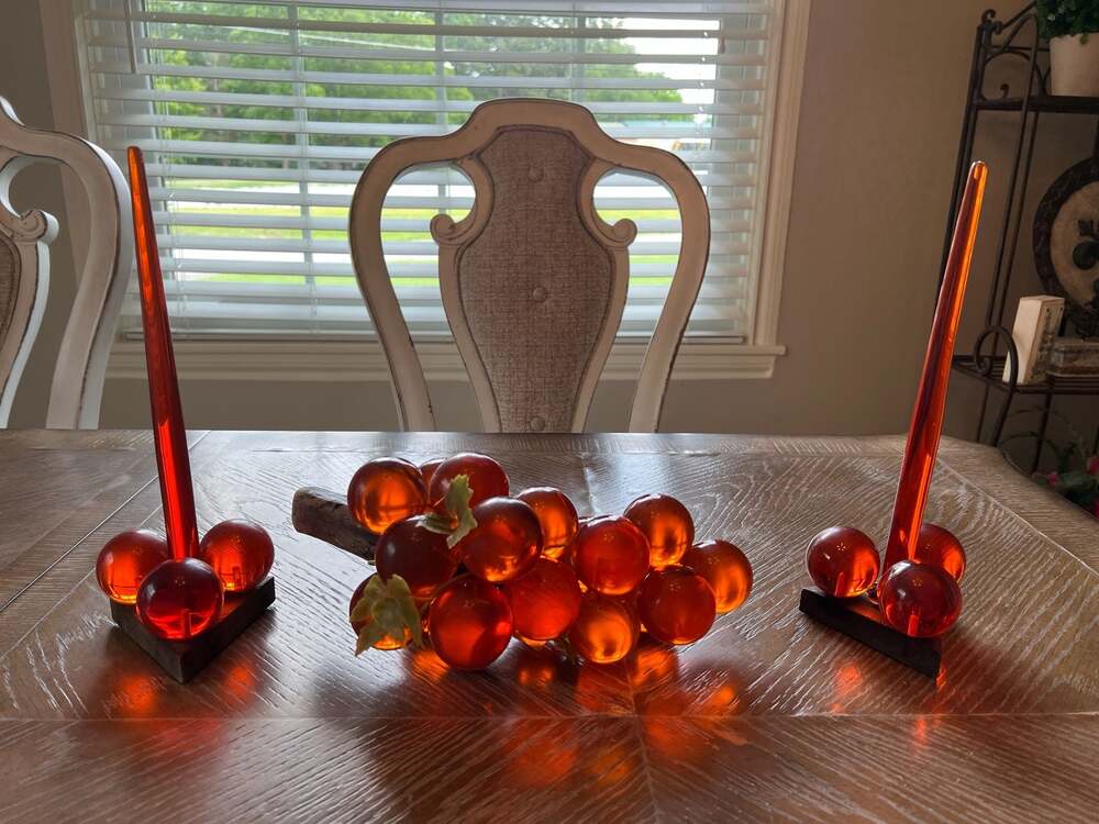 Vintage Mid-Century Modern Amber Lucite Grape Cluster & Taper Candle Holder Set